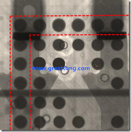 BGA錫球尺寸小于0.4mm，采用降低BGA內圍襲球的錫膏量所得到X-Ray，稍微留意一下可以發現最外圈的錫量(圓的直徑)比其他內圍的錫球上的錫量來得多一點點。也就是外圈的黑色圓形直徑比內圈的圓形來得大一點點。