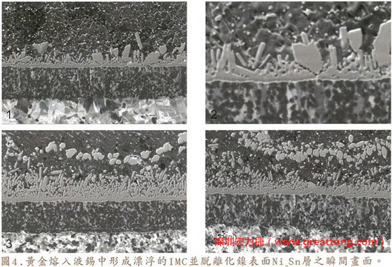 下面四張圖片為放大4500倍的SEM圖像，說明在回流焊爐熱量不足的情況下，黃金成份正要從鎳層分離融入焊錫之中的瞬間，當零件遭受外力沖擊的時候就極有可能從這一整排AuSn、、AuSn2或AuSn4的IMC處裂開。