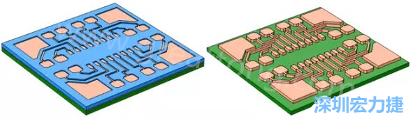 銅被電鍍?cè)趯?dǎo)電種子層之上，從而填滿了PCB板上的圖形化光刻膠腔體(左)。清除光刻膠，蝕刻暴露出的種子層以分隔開(kāi)不同的銅線(右)-深圳宏力捷