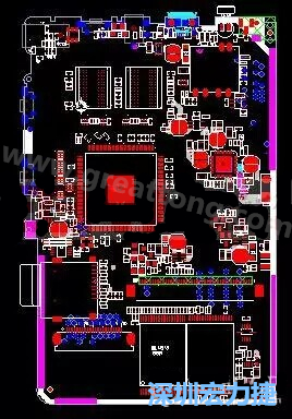 上圖是一個開發(fā)板的PCB，從布局中可以看出各個接口電路分離很明確，SDRAM和DDR以及SD卡接口電路等走線不會造成相互的干擾。-深圳宏力捷