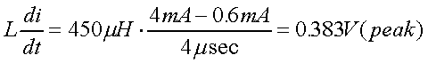 舉例來說，一個閘在"ON"而載有4mA的電流時，突然開關切到"OFF"且現在載有0.6mA的電流，假設開關時間為4msec，載有450mH的電感信號的導體，此時所產生的電壓突波為