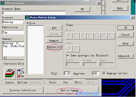 當(dāng)Gerber和鉆孔都設(shè)置完后，選擇一貼片元件較多的層（一般為Top層），點(diǎn)擊Device SetupPhoto，將 Plotter Setup窗口D-Code欄原有的D碼刪除并按Regenerate重新生成
