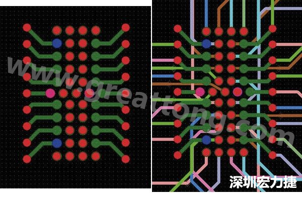 圖7：焊盤內過孔用于內部，而外部接腳在0.5mm閘格上扇出。圖7a顯示的是頂層(左)；圖7b顯示頂層和內部布線層(右)。