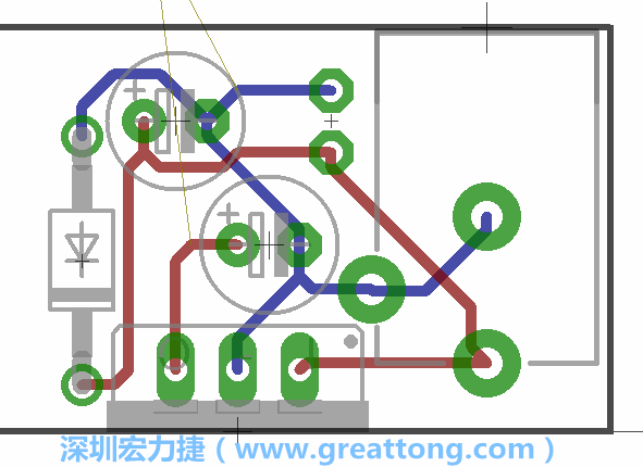 接地連結(jié)點的布線情形如下圖所示，利用這個練習來避免電路連線銳角化的產(chǎn)生是一個不錯的選擇，你可以在工具列中的彎曲線路（Wire Bend）選項里改變各種布線的變化。