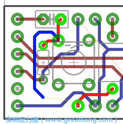 要在電路板正面進行+5V信號線連結(jié)和其他連結(jié)點的布線工作是非常容易的，而重置信號線（信號線用來連結(jié)電路板正面左邊的重置開關(guān)）需要經(jīng)過一個可以通過電路板正反兩面的電路通道，這個通道是一個可以讓電路板正反兩面線路連接的一個小孔。