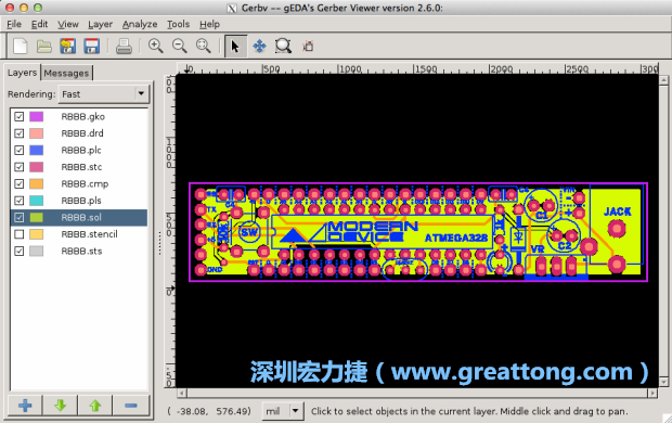 將圖層匯入你的Gerber預(yù)覽工具內(nèi)（下圖為Gerbv），我通常會從上到下重新排列它們的順序，好讓我比較好校對：