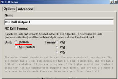將格式改為“Inches 2：5”（ 以確保資料精度，反之孔與線路有偏移現象；）點OK完成鉆孔文件轉換